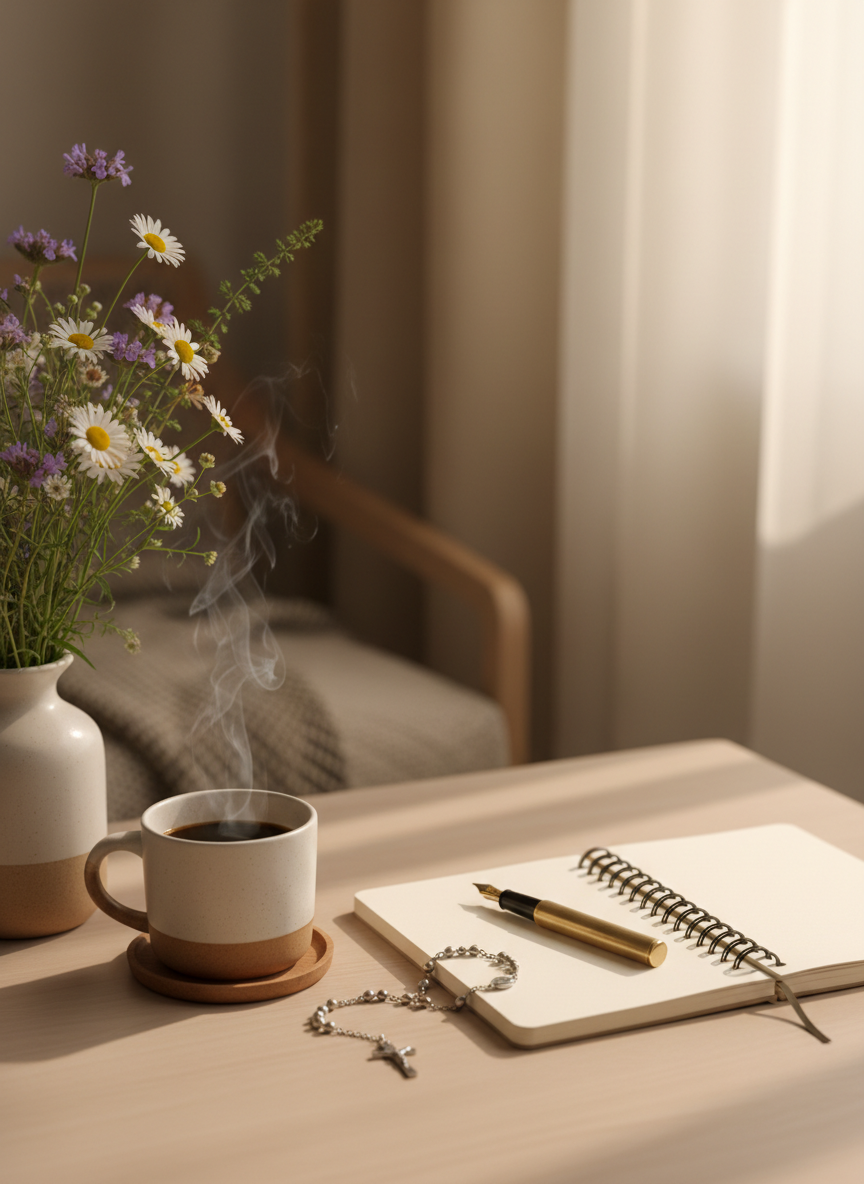A cozy, softly lit desk scene with a vase of delicate wildflowers (like daisies and small meadow flowers) in soft, natural colors, a steaming cup of coffee, and an open notebook with a pen, styled in warm, neutral tones. Include a subtle Christian or Catholic element, such as a small cross pendant or rosary resting near the notebook. Leave some clean space to one side that could be used for text overlay. Overall mood should be peaceful, hopeful, and inviting, suitable for a faith-based mental health practice website.